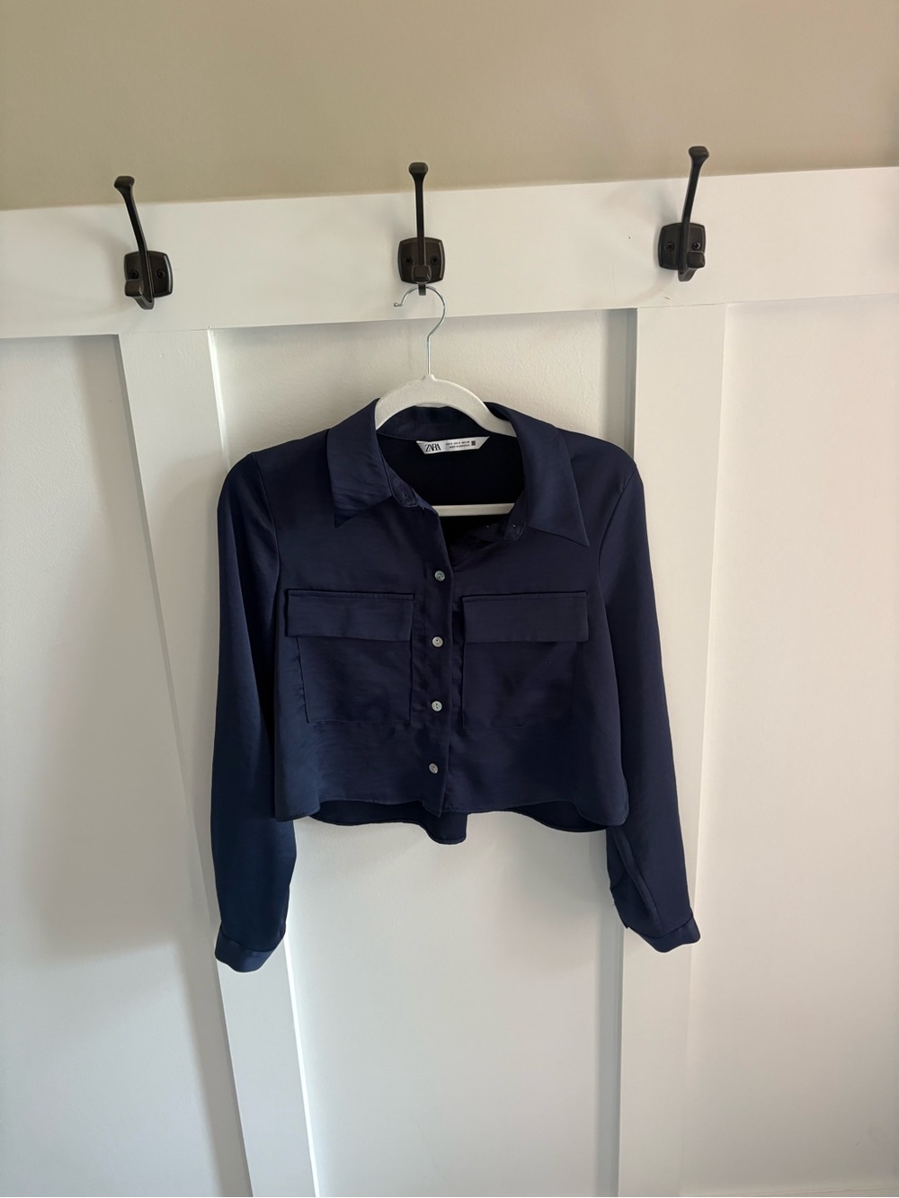 Zara Navy Cropped Button-Down Shirt